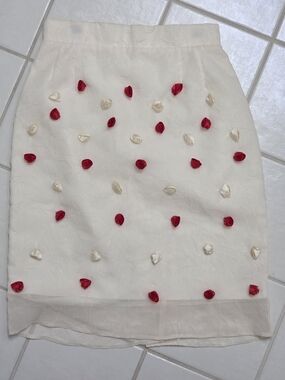 Cream Midi Skirt with Red & Cream Floral Appliqués